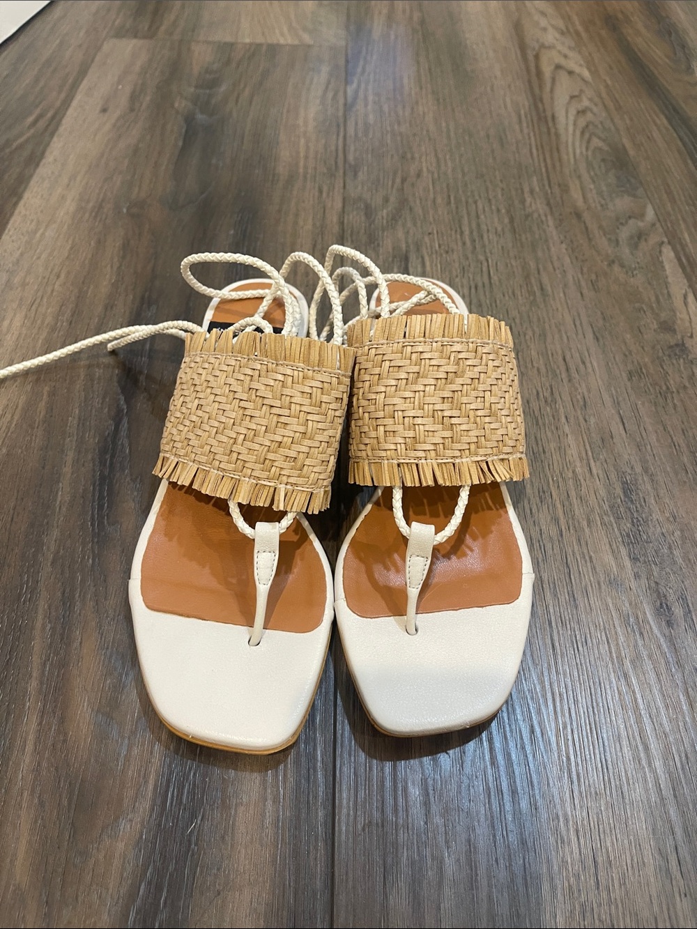 Women's Raffia Lace-Up Thong Sandals - Cream/Tan angel alarcon